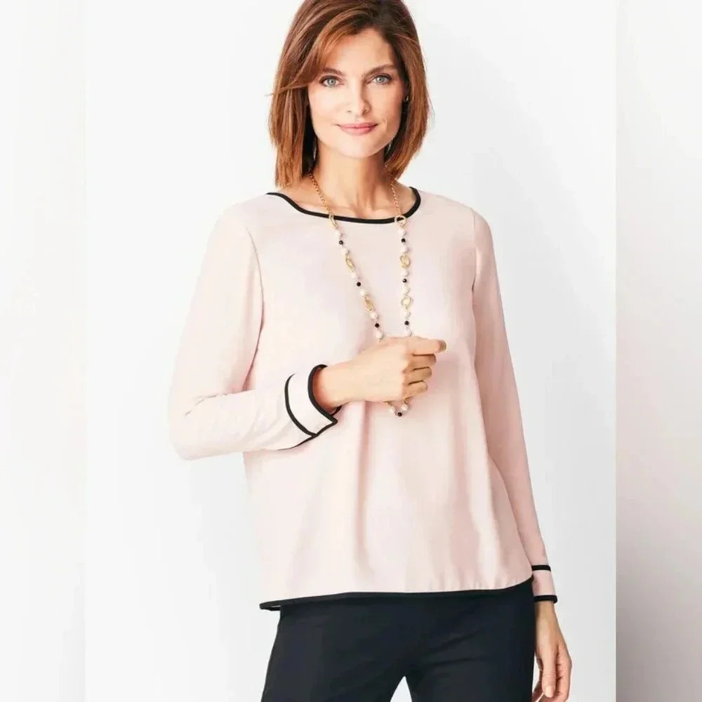 Talbots Classic Crepe Top‎ Pale Pink Black Trim Long Sleeve Sz. M EUC